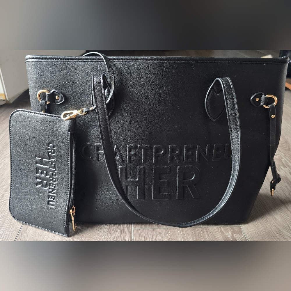Black Embossed Tote Bag & Wristlet Set Gold Hardware Large Carryall Travel Bag